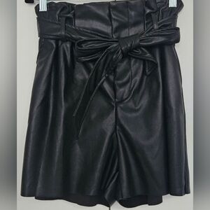 Black Faux Leather Paperbag Waist Belted Shorts- Size S NWOT